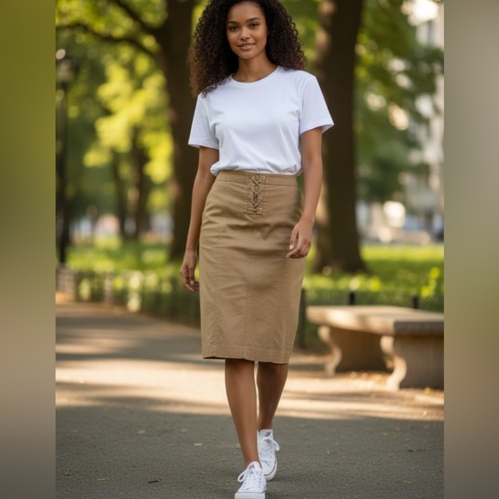 Talbots tan Faux Lace-Up Pencil Modest Skirt in size 8